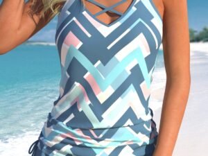 Gray-blue geometric square print Tankini Top