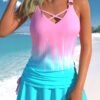 Gray-blue geometric square print Tankini Top