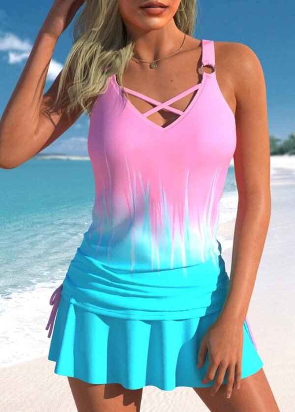 Gray-blue geometric square print Tankini Top
