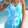 Gray-blue geometric square print Tankini Top