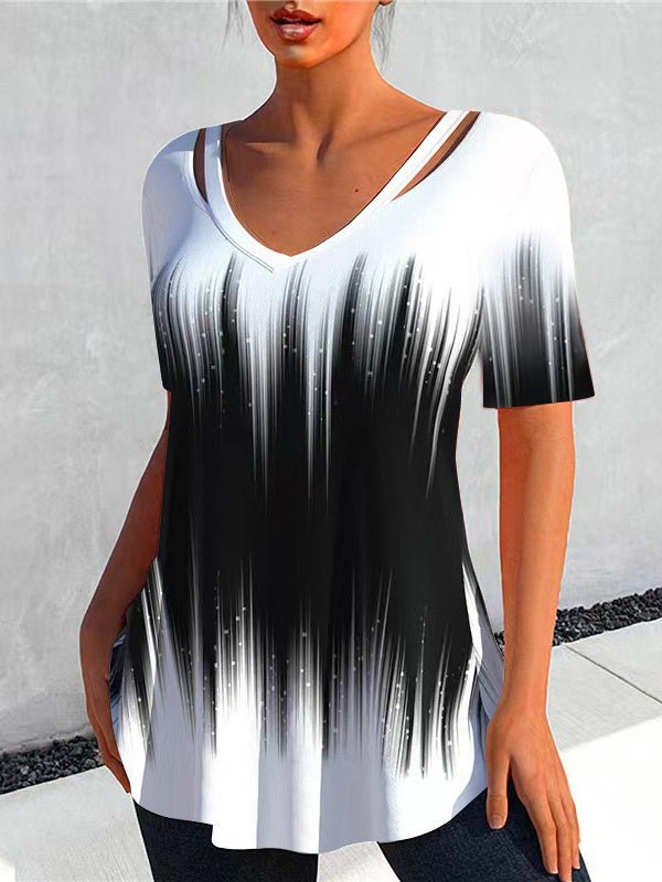 Women's Colorblock Key Hollow Short Sleeve V-neck Top