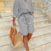 Casual Long Sleeve V Neck Top With Shorts Set