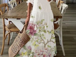 Bohemian V Neck Fringed Short Sleeve Floral Long Dress