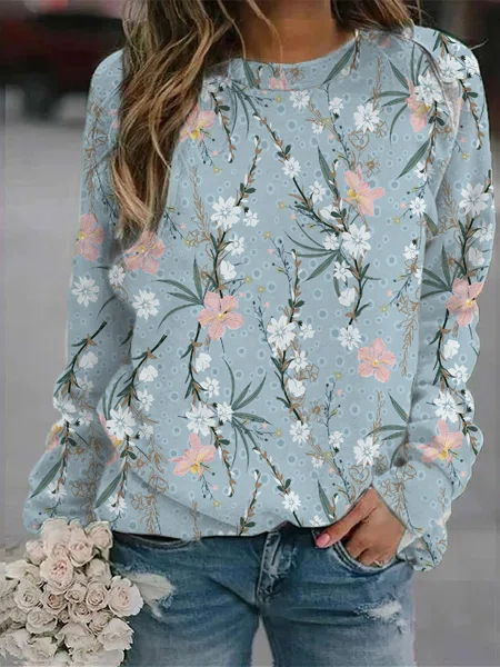Floral Crew Neck Long Sleeves Sweatshirts
