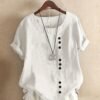 Plus Size Solid Button Decor Short Sleeve T-shirt, Women's Plus Casual Round Neck Tee