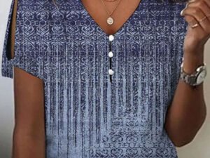 Women's Graphic Printed Hollow Short Sleeve V-neck Top
