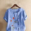 Plus Size Floral Print Round Neck Linen T-shirt, Women's Plus Casual Short Sleeve Tee