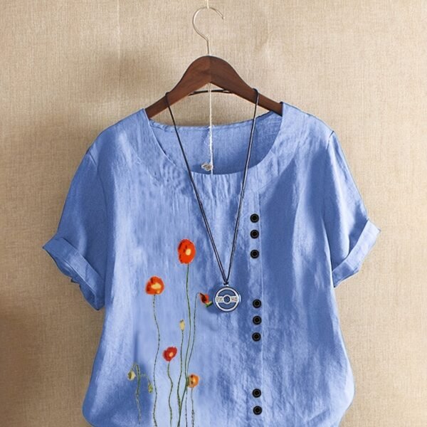 Plus Size Floral Print Round Neck Linen T-shirt, Women's Plus Casual Short Sleeve Tee