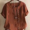 Women's Vintage Cotton Linen Button Crew Neck Short Sleeve T-Shirt