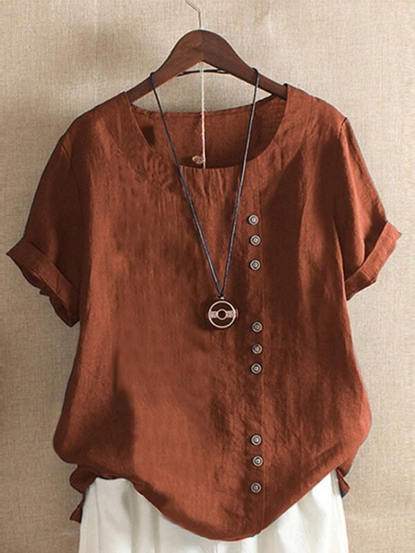 Women's Vintage Cotton Linen Button Crew Neck Short Sleeve T-Shirt