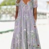 Gradient Flower Loose Long Dress Half Open Button Pocket Dress