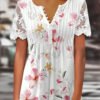 Women's Short Sleeve V-Neck Lace Graphic Floral Printed Top