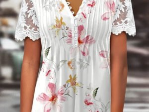 Women's Short Sleeve V-Neck Lace Graphic Floral Printed Top