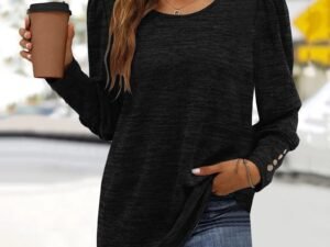 Loose Casual Button Crew Neck Long Sleeve T-Shirt