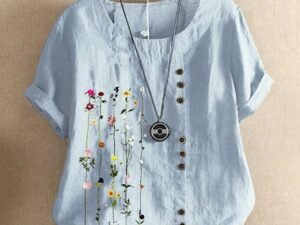 Vintage Short Sleeve Floral Printed Crew Neck Plus Size Casual Tops