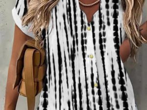 Women Short Sleeve Shirt Collar Striped Floral Printed Graphic Button Top Shirts
