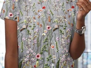 Jersey Floral Printed Casual Crew Neck T-Shirt