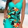 Floral V Neck Vacation Printing Swim Dress