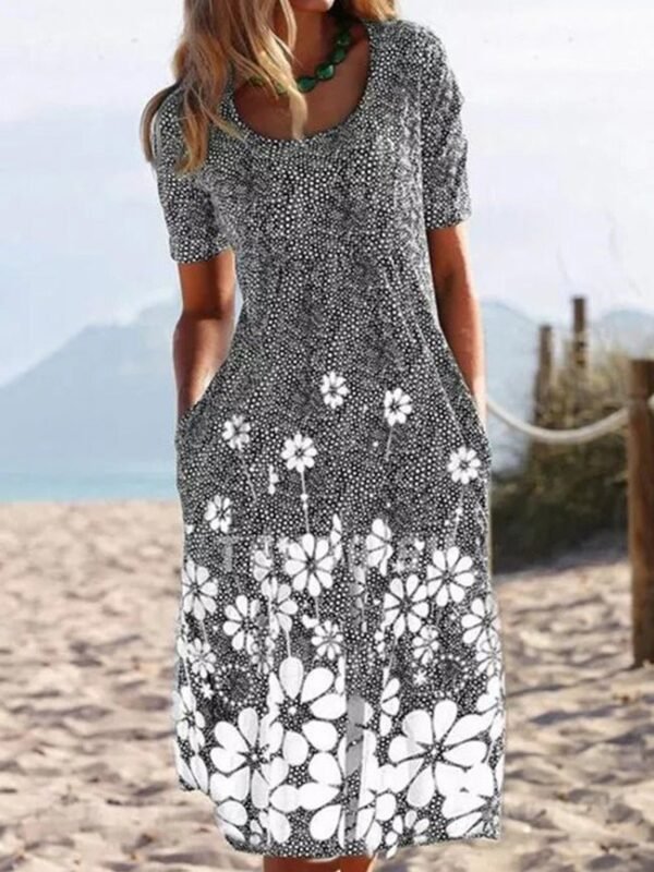 Women's Dresses Round Neck Vintage Floral Pocket Short Sleeve Dress