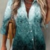 Women 3/4 Sleeve Shirt Collar Floral Printed Gradient Button Top Shirts