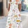Blumenmuster Midi-Kleid Jersey Rundhals Kurzarm lssiger Stil Noracora