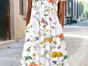Blumenmuster Midi-Kleid Jersey Rundhals Kurzarm lssiger Stil Noracora