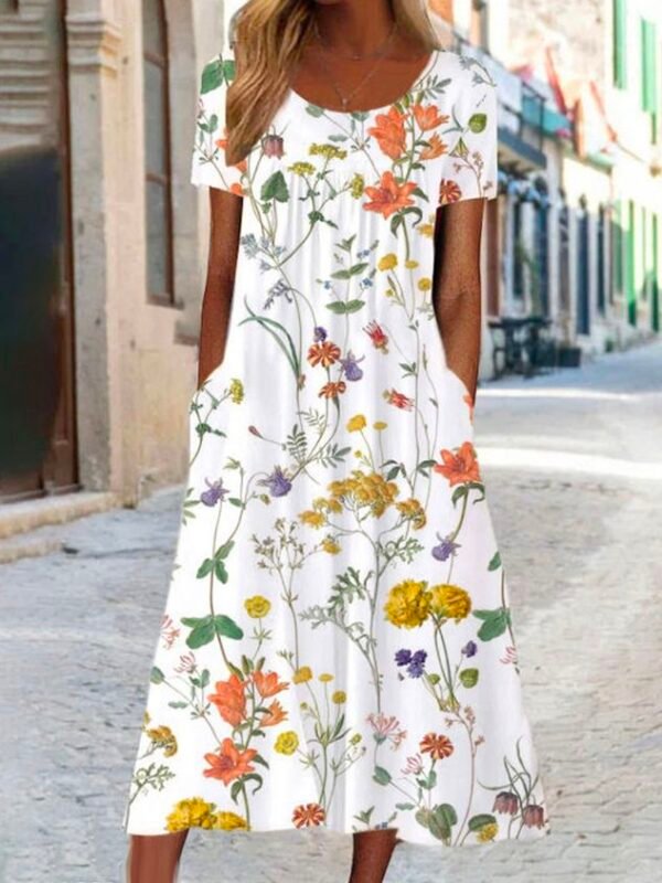 Blumenmuster Midi-Kleid Jersey Rundhals Kurzarm lssiger Stil Noracora