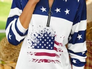 Casual Hippie Stars Zipper Flag Printed Round Neck Sweatshirts