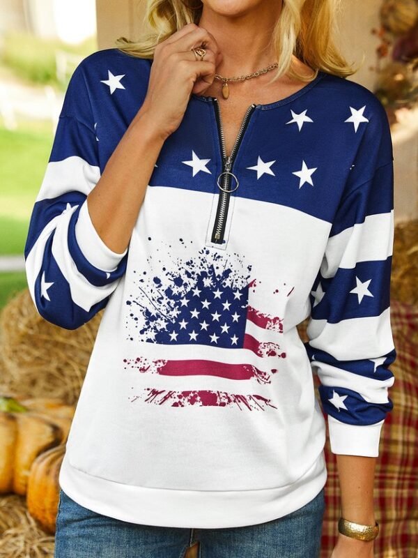 Casual Hippie Stars Zipper Flag Printed Round Neck Sweatshirts