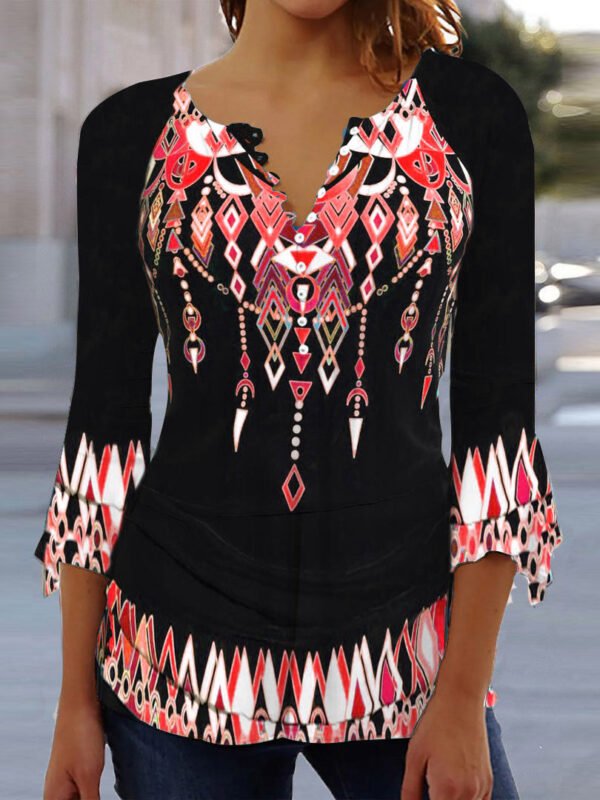 6513b8fcc096bf3c04960401d94364a9.jpg Women's Graphic Printed 3/4 Sleeve V-neck Top