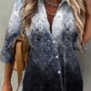 Women 3/4 Sleeve Shirt Collar Floral Printed Gradient Button Top Shirts