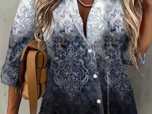 Women 3/4 Sleeve Shirt Collar Floral Printed Gradient Button Top Shirts