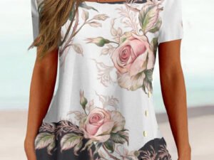 Women's Short Sleeve U-neck Floral Printed Graphic Button Top