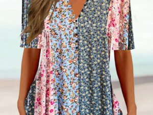Women Half Sleeve V-neck Floral Printed Button Tops