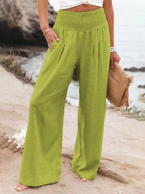 Casual Elastic Waist Cotton And Linen Wide Leg Trousers