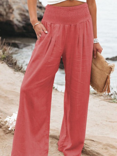 Casual Elastic Waist Cotton And Linen Wide Leg Trousers