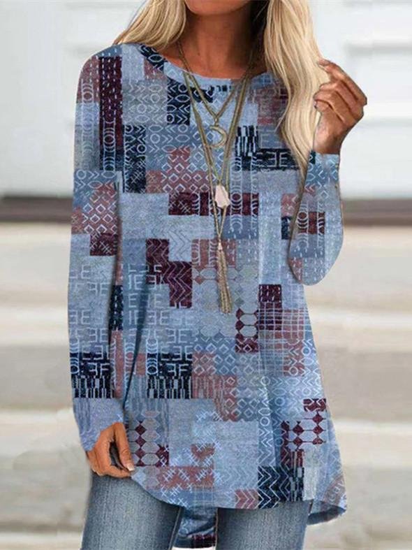 Women Long Sleeve Scoop Neck Graphic Geometric Top