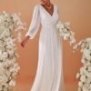 Women's V Neck Long Sleeves Floor Length Ruched Chiffon Formal Dress