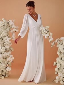 Women's V Neck Long Sleeves Floor Length Ruched Chiffon Formal Dress