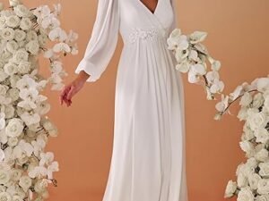 Women's V Neck Long Sleeves Floor Length Ruched Chiffon Formal Dress