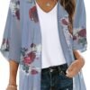 Women's Floral Print Puff Sleeve Kimono Cardigan Loose Cover Up Casual Blouse Tops