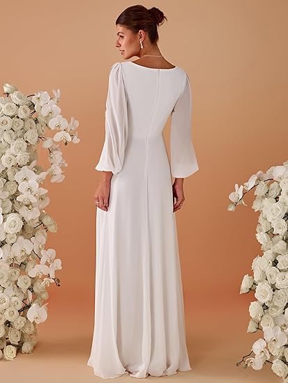 Women's V Neck Long Sleeves Floor Length Ruched Chiffon Formal Dress