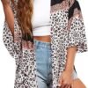 Women's Floral Print Puff Sleeve Kimono Cardigan Loose Cover Up Casual Blouse Tops