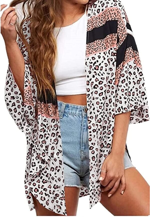 Women's Floral Print Puff Sleeve Kimono Cardigan Loose Cover Up Casual Blouse Tops