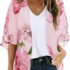 Women's Floral Print Puff Sleeve Kimono Cardigan Loose Cover Up Casual Blouse Tops
