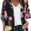 Women's Floral Print Puff Sleeve Kimono Cardigan Loose Cover Up Casual Blouse Tops