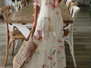Casual Loose V-neck Printed  Long Dress