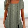 Women's Short Sleeve U-neck Floral Printed Graphic Button Top