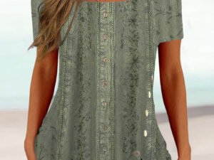 Women's Short Sleeve U-neck Floral Printed Graphic Button Top