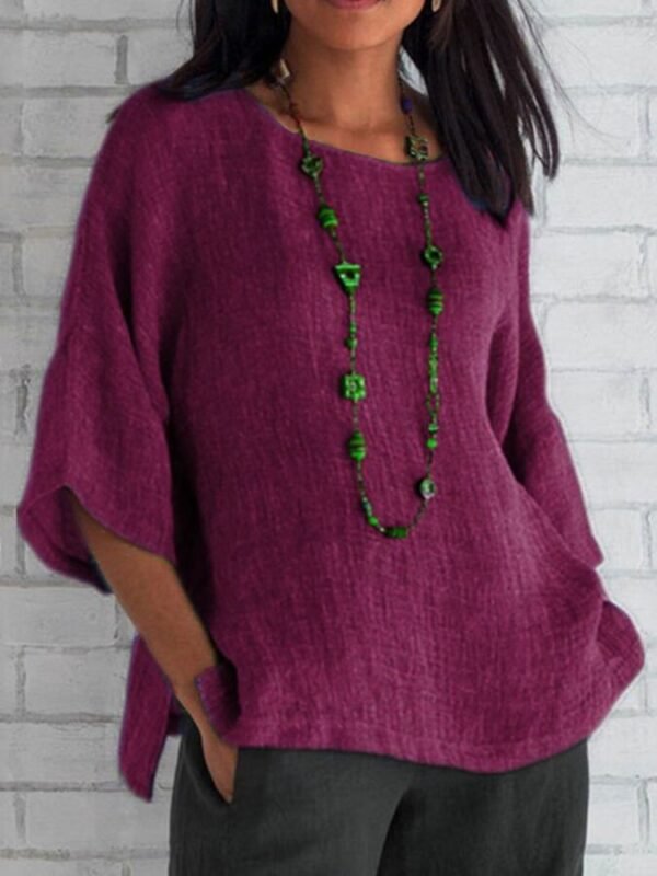 74a6f3d99aa99e73b6e8cf9ab61dd9a8.jpg Women's Cotton Linen Three-quarter Sleeve Crew Neck Shirt